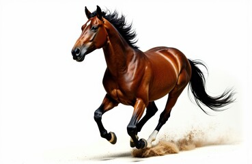 A powerful brown horse galloping across a plain with dust kicking up from the ground