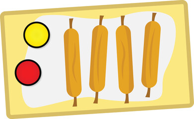sausages or corn dogs along mustard sauce and ketchup served in a tray vector illustration top view