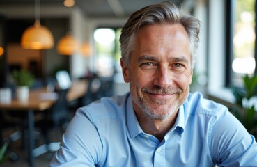 Obraz premium A smiling middle-aged man with gray hair and a beard in a casual blue shirt sitting in a modern cafe