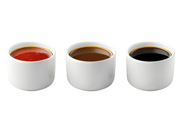 Three small white bowls containing different sauces on transparent background