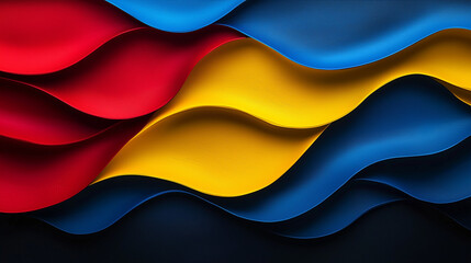 Independence Day in Ecuador: elegant waves of yellow, blue and red on a smooth dark background.