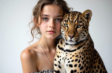 Woman with long hair and a leopard standing close together against a neutral background