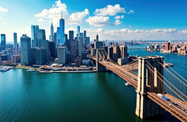 Aerial view of Manhattan skyline and Brooklyn Bridge over the East River in New York City