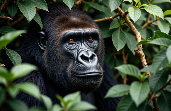A gorilla resting among lush green leaves in a dense jungle setting
