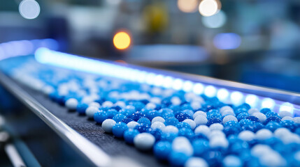 Blue and White Gel Capsules on High-Speed Pharmaceutical Conveyor