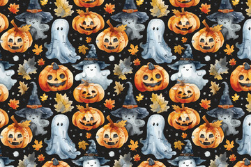 Watercolor Halloween seamless pattern with cute ghosts, pumpkins and witch hats for fabric, wrapping and decor.

