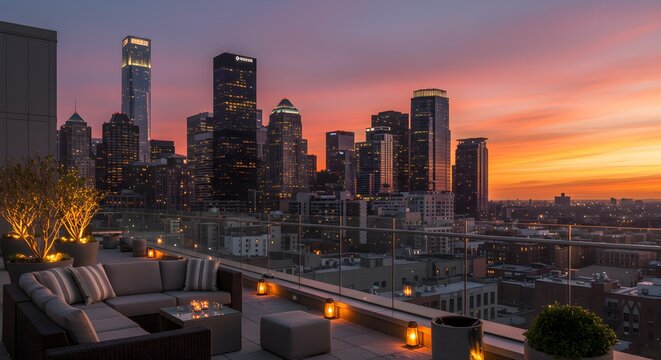 Luxury rooftop view overlooks city skyline at sunset. Shows outdoor lounge area. Perfect for travel, advertising, real estate, or lifestyle web use.
