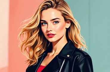 Fototapeta premium Woman with blonde hair and blue eyes wearing a black leather jacket looking at the camera