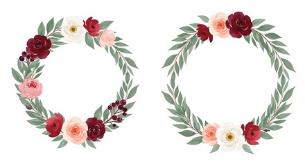 Two floral wreaths with red pink and white flowers and green leaves on a white background design element