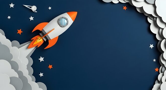 Papercut style rocket launching into starry night sky with clouds and copy space