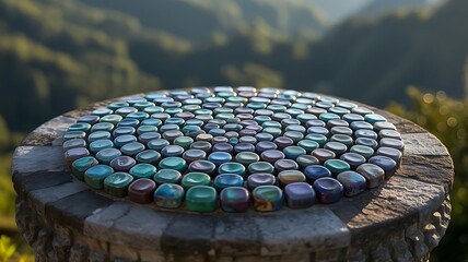 A colorful mosaic tile circle sits atop a weathered stone pedestal, set against a blurred mountain backdrop