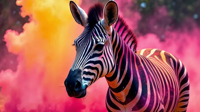 AI Generative Animal zebra sprayed with colorful colors holi, Indian spring festival