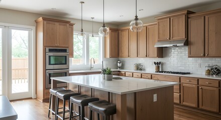 Modern kitchen showcases island with stools, wood cabinets, stainless steel appliances. Interior...