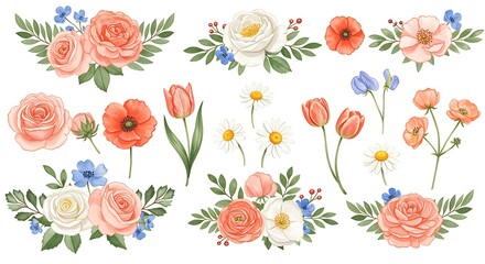 Watercolor floral arrangement featuring roses, tulips, poppies, and daisies on a white background