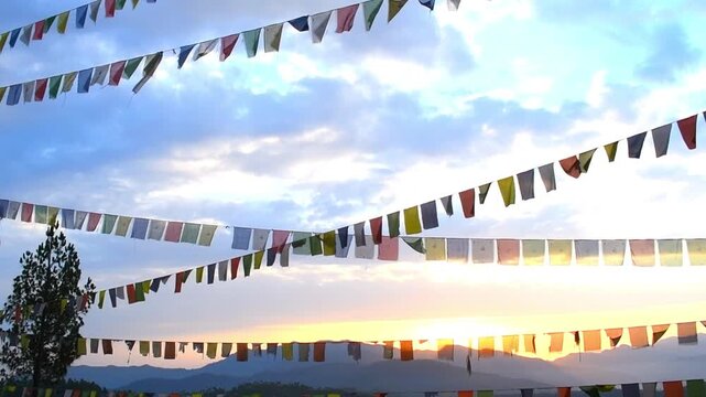 Video of Om Mani Padme Hum flags, also known as Tibetan prayer flags with the sky and clouds in the background.
