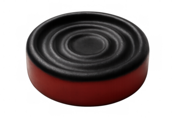 Red and black checker featuring concentric circles sits on a transparent background, highlighting its vibrant colors and modern design