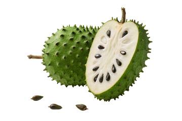 Exotic soursop fruit with sliced section showing inside texture and seeds for culinary inspiration