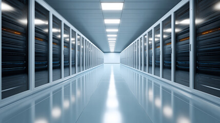 Obraz premium Modern Data Center with Black Blade Servers and Reflective Floor