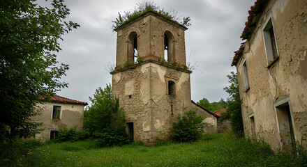 Fototapeta premium Photograph a deteriorating bell tower from a forgotten village, with overgrown grass and broken stone. Highlight decay and time.