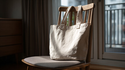 Eco-Friendly Bag on a Chair: A blank canvas bag rests on a chair, bathed in soft natural light streaming from a nearby window, hinting at sustainable living and mindful consumption. 