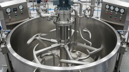 An industrial mixer churns vigorously, exemplifying efficient mixing in a factory setting, as the large mixing tank ensures thorough processing.