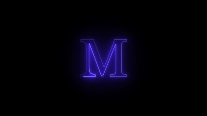 Glowing neon letter m in a classic serif font against a dark black background with a subtle blue glow