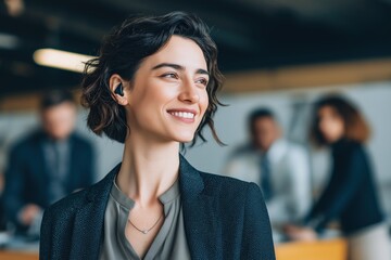 a person with a hearing aid interacting with coworkers in a modern office, professional attire