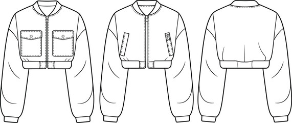 CAD flat sketch of women’s ultra-cropped bomber jacket with flap chest pockets, ribbed cuffs, and waistband © Sagor Creatives