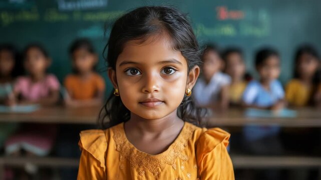 Girl sitting in classroom, focusing on her surroundings. Young student life and education in India.