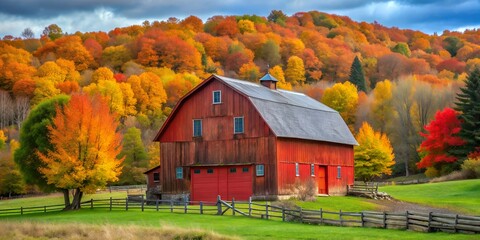 A classic red barn sits nestled amidst vibrant autumn foliage on a rolling hillside