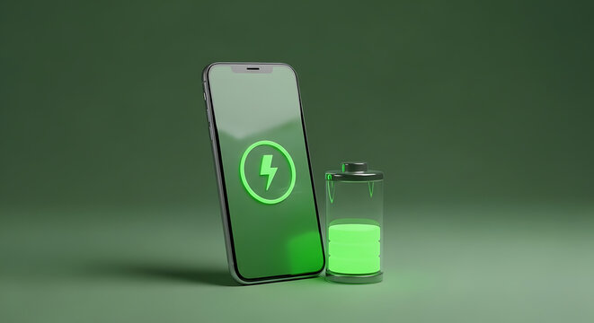 Smartphone and battery icon glowing with green energy. A 3D render illustrating mobile device charging, power, and modern technology. - Powered by Adobe