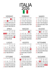 Italy 2026 calendar in Italian with official holidays marked, elegant vertical design ideal for annual planning, institutional or educational projects