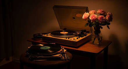 Vintage turntable playing a vinyl record in a warmly lit room, creating a nostalgic and romantic ambiance with a bouquet of roses.