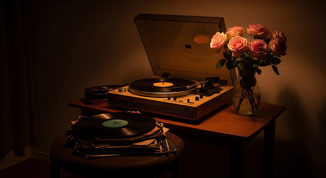 Vintage turntable playing a vinyl record in a warmly lit room, creating a nostalgic and romantic ambiance with a bouquet of roses.