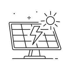 Solar energy icon with photovoltaic panel and sun representing renewable power source and sustainable electricity generation from light technology line vector stroke