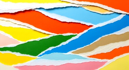 Colorful torn paper strips layered diagonally with white edges on a bright background ripped texture