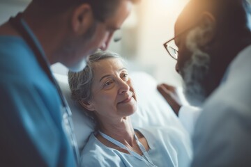 Elderly woman in hospital bed attentively listens to two doctors providing care and support.