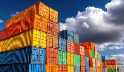 Fototapeta premium Colorful shipping containers stacked high against a partly cloudy sky (1)