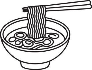 Black and white line drawing of ramen noodles in a bowl with chopsticks
