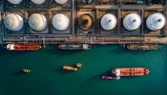 Aerial view of oil storage tanks and ships at port