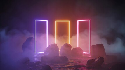 Three vibrant neon rectangles illuminate a smoky stage with scattered rocks, creating a futuristic and abstract scene
