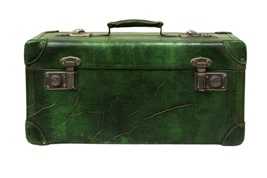 a green suitcase with a handle on a white background