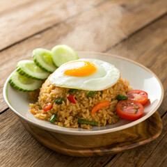 Indonesian fried rice (nasi goreng) with fried egg and pickles