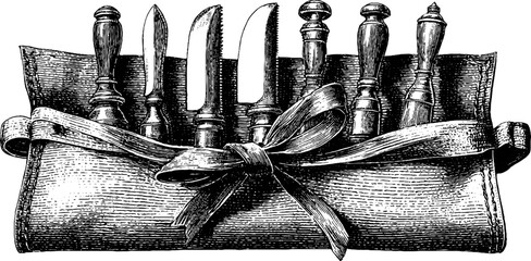 Engraved illustration of chisel and leather set. Vintage hand drawn sketch with fine engraving.