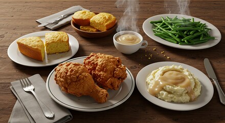 Classic Southern fried chicken dinner with homestyle sides like mashed potatoes, gravy, green beans, and cornbread.
