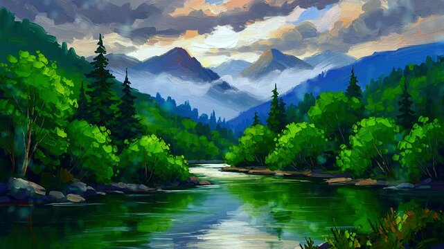 Serene Green River Mountain Landscape Timelapse Video Background