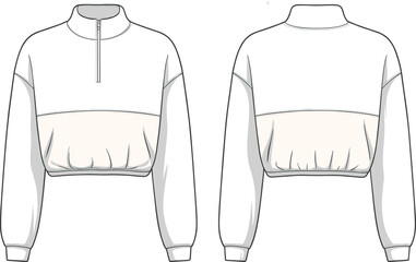 Color-block cropped half zip pullover sweatshirt with high collar and long sleeves, fashion flat front and back view © Sagor Creatives
