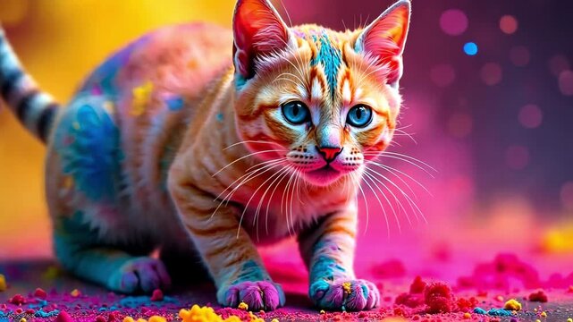 AI Generative Animal kitty sprayed with colorful colors holi, Indian spring festival