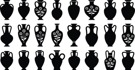 Silhouette Set of Floral Decorated Antique Vases and Amphora Shapes for Home Decor, Lifestyle Art, and Graphic Design
