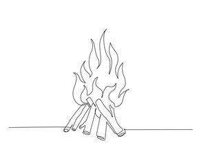 Bonfire outline drawing illustration. one continuous line drawing of campfire.